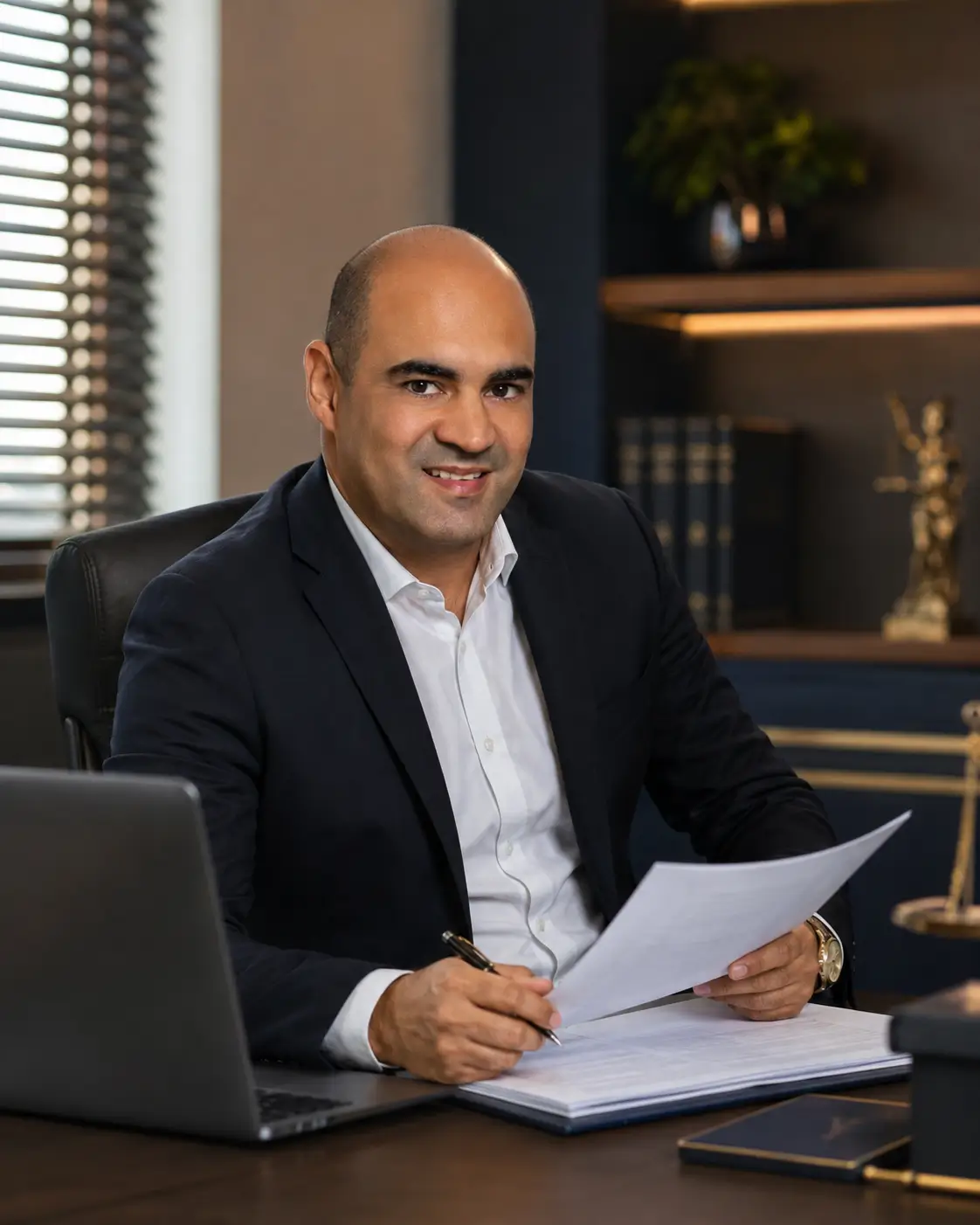 Dr. Willians Reis dos Santos em seu escritório, analisando documentos.